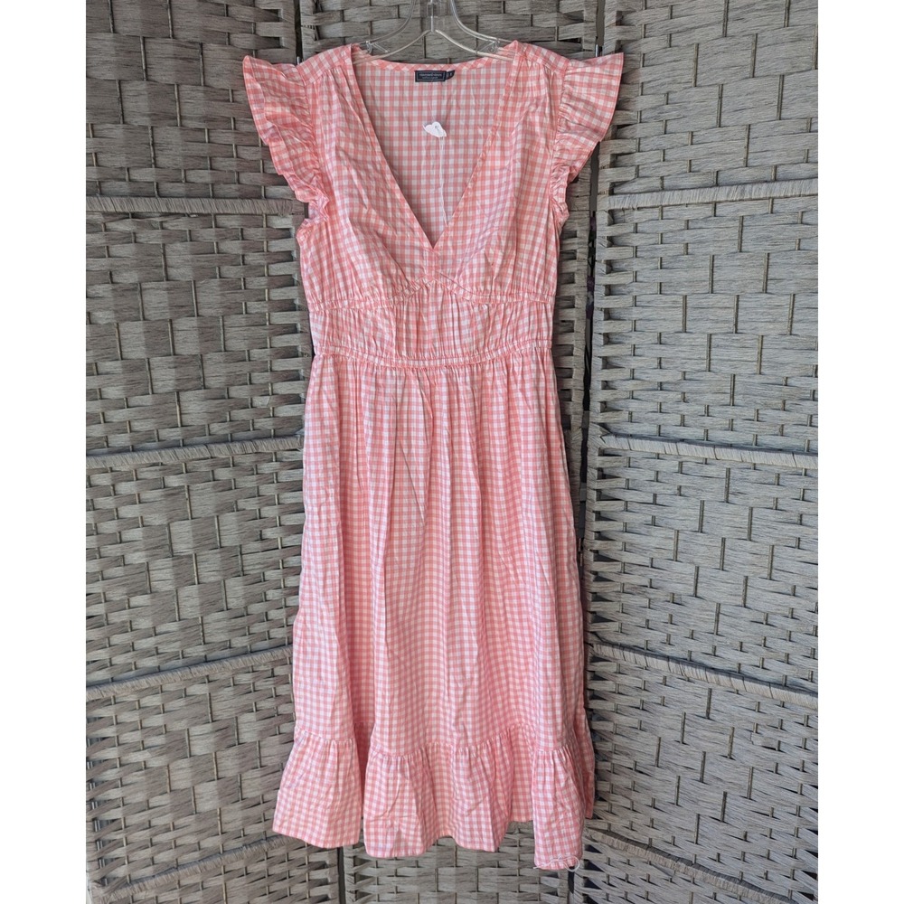 Vineyard Vines Midi Dress Pink Gingham Cap Sleeve Smocked Waist Ruffle Hem Sz S